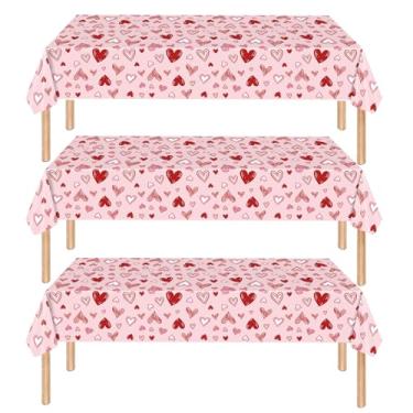 Imagem de 3 peças de toalha de mesa de plástico para o dia dos namorados, 137 x 272 cm, capas de mesa retangulares descartáveis em rosa e vermelho com design de coração para jantares românticos, dia de