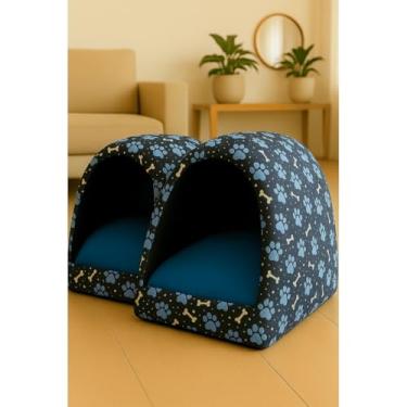 Imagem de Cama Iglu para Cachorro e Gato em Tecido Oxford com Zíper Lavável – Casinha Pet Confortável e Aconchegante(2 Azuis,M)