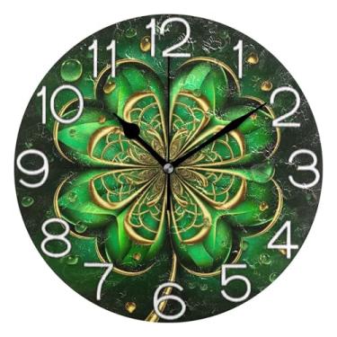 Imagem de Relógio de parede analógico decorativo operado por bateria silencioso para quarto e cozinha, arte de parede boho decoração de casa trevo verde dourado chique, 25 cm, ponteiros pretos
