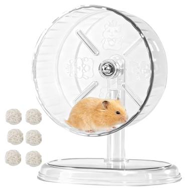 Imagem de Acsist Roda silenciosa para hamster, 21 cm, silenciosa, giratória, para hamster, antiderrapante e suporte ajustável para gerbos, ratos ou outros animais de estimação pequenos, transparente