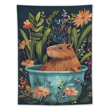 Imagem de Capivara tapeçaria de parede floral selva na banheira decoração animal peculiar arte da natureza fofa para banheiro quarto aconchegante boho pendurado destaque encantador tapeçaria 152 x 203 cm