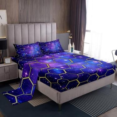 Imagem de Manfei Jogo de cama casal com colmeia amarela, galáxia azul, estampa hexagonal geométrica no céu estrelado, 4 peças com lençol de cima + 2 fronhas, decoração de quarto infantil de meninos e meninas