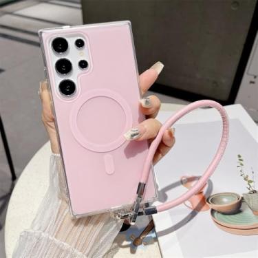 Imagem de Capa de celular cor de doce com alça de couro para Samsung Galaxy S24 S23 Ultra S22 Plus, capa protetora à prova de choque, rosa, para S24 FE