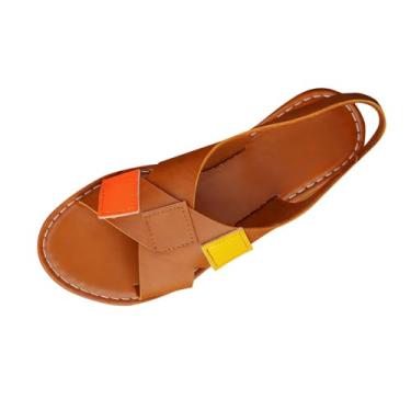 Imagem de Sandália feminina casual com blocos de cores, larga, listrada, bico aberto, praia, confortável para primavera, verão, Marrom, 39