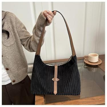 Imagem de Bolsa de ombro feminina moderna, alça de couro sintético de veludo cotelê de grande capacidade, Preto