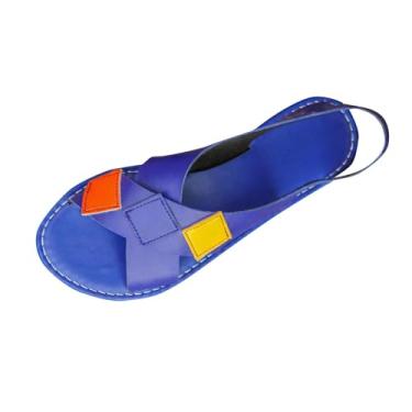 Imagem de Sandália feminina casual com blocos de cores, larga, listrada, bico aberto, praia, confortável para primavera, verão, Azul royal, 38