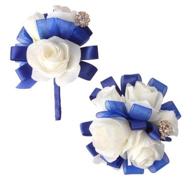 Imagem de JHCYULUO Conjunto de corpete de formatura e flor na lapela rosa marfim para festa de casamento, noivo e flor artificial (azul e marfim)