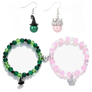 Imagem de Teilwenl Conjunto de joias de bruxa com pulseiras e brincos de contas, verde e rosa, chapéu de bruxa e pingentes de coroa, presentes de amizade para fãs