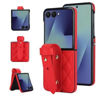 Imagem de Capa de pulso para Motorola Razr 50, capa protetora dobrável de couro PU com alça de pulso ajustável capa de telefone feminina feminina (vermelho)