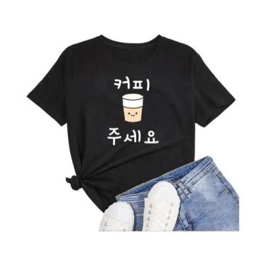 Imagem de Camiseta Feminina Engraçada Com Estampa De Café E Letras Coreanas (Han