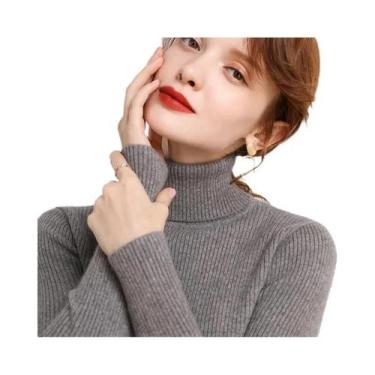 Imagem de Suéter Feminino De Tricô Macio Com Gola Alta, Ajuste Slim, Cor Sólida,