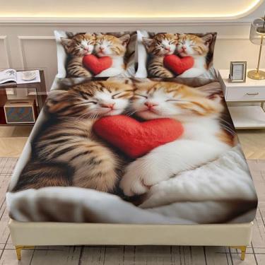 Imagem de AILONEN Jogo de lençol Queen com estampa de gato dormindo, gatinho fofo, decoração de quarto para crianças, adolescentes, meninas, meninos, lençol com elástico e 2 fronhas, 3 peças