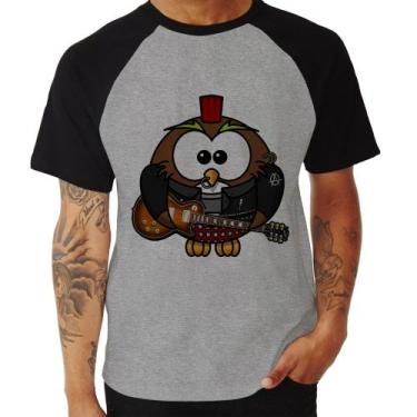 Imagem de Camiseta Raglan Coruja Rock Guitarra - Foca na Moda, Cinza, Preto, M