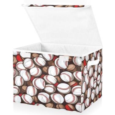 Imagem de Blueangle Caixas de armazenamento com padrão de bolas de beisebol com tampas, 42 x 32 x 30 cm, grande cesta organizadora dobrável para decoração de casa e escritório (526)