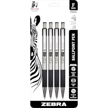 Imagem de Zebra Caneta esferográfica retrátil F-301, barril de aço inoxidável, ponta fina, 0,7 mm, tinta preta, pacote com 4 (a embalagem pode variar)