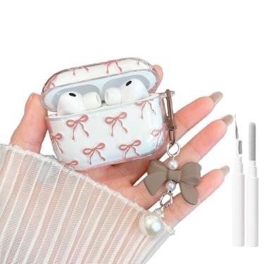 Imagem de MINSCOSE Capa para AirPods Pro 3ª geração (2025), linda estampa de laço de fita, design feminino com chaveiro kawaii e pérola, capa protetora de TPU macio à prova de choque com kit de limpeza para