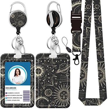 Imagem de Cordão de crachá, suporte retrátil para crachá com mosquetão e clipe de cinto, cordão com fecho lagosta para porta-crachás, presente de escritório para enfermeiras e professores (BLC-Sun)