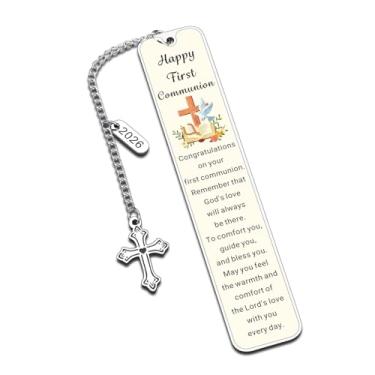 Imagem de Presentes de primeira comunhão para meninas, meninos, presentes de primeira comunhão para afilhada católica, afilhado, crianças, adolescentes, marcador de livro com pingente de cruz, cesta de Páscoa