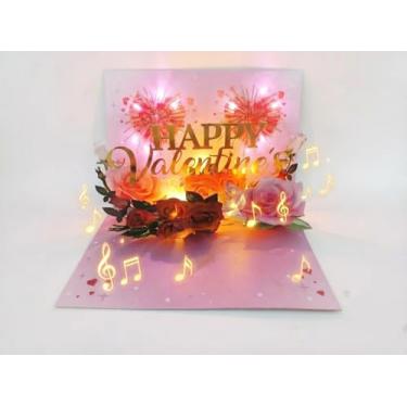 Imagem de Cartão romântico 3D Pop Up de Dia dos Namorados com música e fogos de artifício LED - Cartão de felicitações iluminado para esposa, marido, namorada, namorado - folha feliz dia dos namorados - Inclui