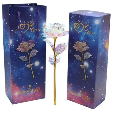 Imagem de Flor eterna rosa colorida e deslumbrante flor dourada presente folha dourada com caixa de presente de luxo, flor artificial rosa colorida ótimo presente para o dia dos namorados, aniversário