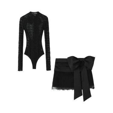 Imagem de Conjunto De Vestido Feminino Preto Com Renda, Manga Longa E Minissaia 