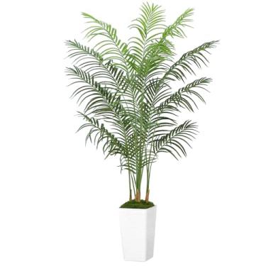 Imagem de UPBUD Palmeira artificial de 1,8 m, planta de areca tropical alta falsa com vaso alto branco para decoração de casa interna e externa, palmeira falsa realista para sala de estar, escritório, varanda