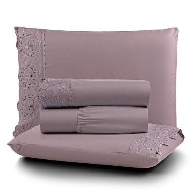 Imagem de Jogo de Lençol Nobre Casal 4 Peças MicroPercal 200 Fios Bordado Inglês Fino - Frape Uva - 100% Poliéster