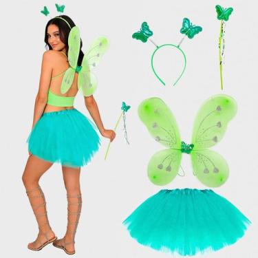 Imagem de Fantasia Fada Adulta Feminina de Carnaval Kit Borboleta Saia 40cm Asa 