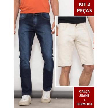 Imagem de Kit 2 Peças Masculino Calça Jeans Slim Azul e Bermuda Casual Cáqui Beg