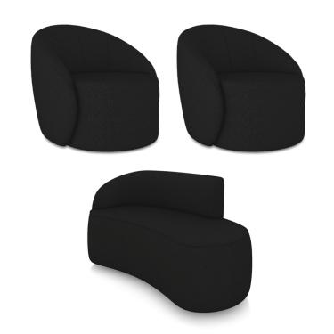 Imagem de Sofá 2 Lugares Orgânico 140cm Morgan e 2 Poltronas Lua Linho Preto D03 - D'Rossi