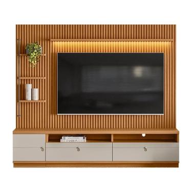 Imagem de Painel Tv Até 75" Ripado Com Rack E Módulo Esquerdo Nature E Off White 224x198 Cm L04 - D'rossi