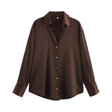 Imagem de Blusa De Seda Marrom Com Manga Longa E Gola Lapela Para Mulheres, Cami