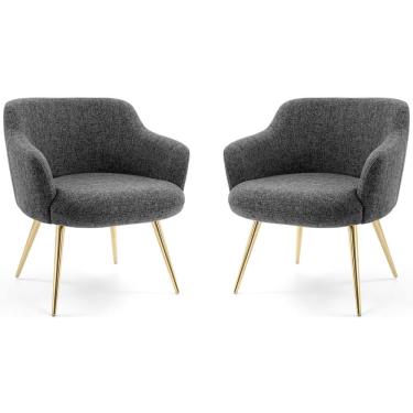 Imagem de Kit 02 Poltronas Decorativas Jade Palito Gold Linho Mesclado Branco/cinza - Nexta Casa