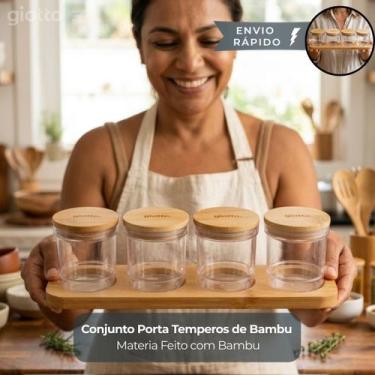 Imagem de Conjunto Porta Temperos Bambu Giotto Kit Potes Condimentos