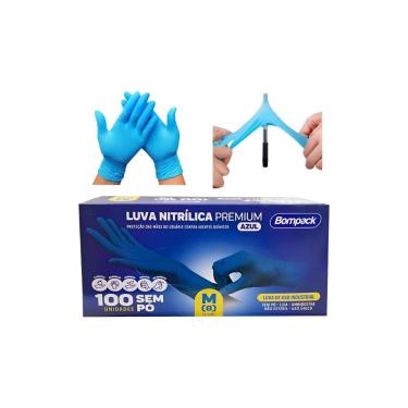 Imagem de Luva Nitrílica Descartável Bompack Comfort Azul sem Pó para Procedimentos Industriais Jardim e Alimentos 100 Unidades