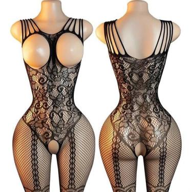 Imagem de Conjunto De Bodystocking Feminino Com Renda E Estampa Floral, Sutiã Ab