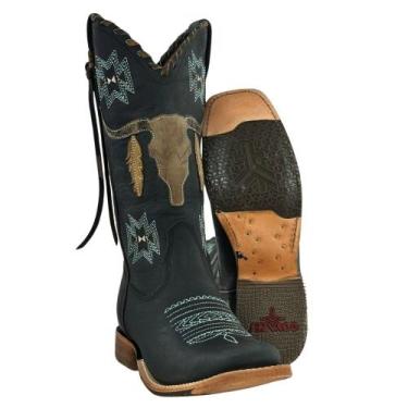 Imagem de Bota Texana Feminina Goyazes Couro Dallas Marinho Noite Bordado Azul C