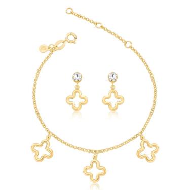 Imagem de Conjunto de Brinco e Pulseira Trevo Revestido em Ouro Dourado Tamanho Único