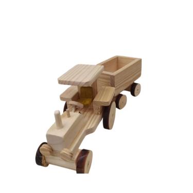 Imagem de Brinquedo Infantil Trator de Madeira Maciça com Vagão Acabamento Natural 2 Peças 11,5x8x31cm