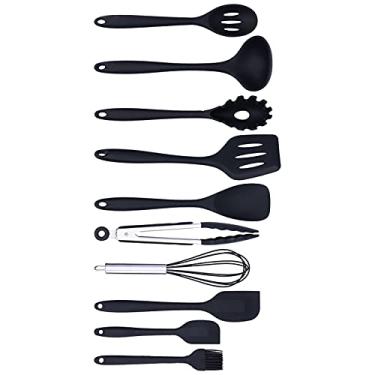 Imagem de Conjunto de utensílios de cozinha de cozinha, 10 peças/conjunto de utensílios de cozinha de silicone, espátula antiaderente, colher para batedor de ovos (preto)