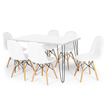 Imagem de Conjunto Mesa de Jantar Hairpin 130x80 Branca com 6 Cadeiras Eiffel Botonê - Branco