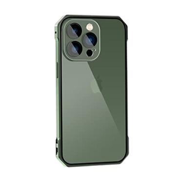 Imagem de Capa compatível com iPhone 13 Pro, capa de metal de liga de alumínio com película de lente de câmera de vidro, capa traseira magnética rígida de policarbonato transparente proteção anti-riscos cobertura da moldura - verde