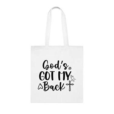 Imagem de Gods Got My Back, sacola divertida, bolsa de ombro, bolsas reutilizáveis, cesta de Natal de aniversário, ideia de presente, Branco