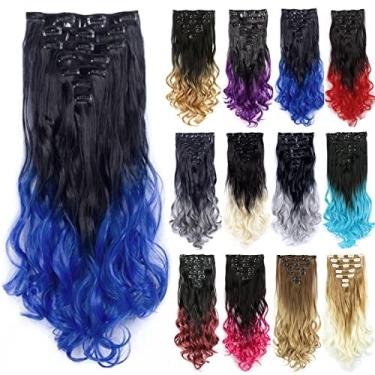 Imagem de IMISSU Conjunto de 7 peças clipe longo encaracolado em extensão de cabelo ombre cor cabeça cheia extensões de cabelo peruca para menina (Sombra Azul)