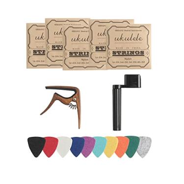 Imagem de Donux Kit de cordas de ukulele de nylon, inclui 5 conjuntos de cordas, 10 palhetas de feltro Ukelele, capo e corda para show soprano e ukele tenor