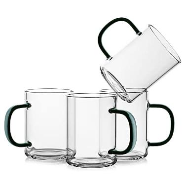 Imagem de Conjunto de 4 canecas de café LUXU de vidro borossilicato transparente 325 ml, copos de bebida sem chumbo, xícaras de chá premium com alça verde escuro, canecas de café com café e leite, presentes de café expresso para casa e café
