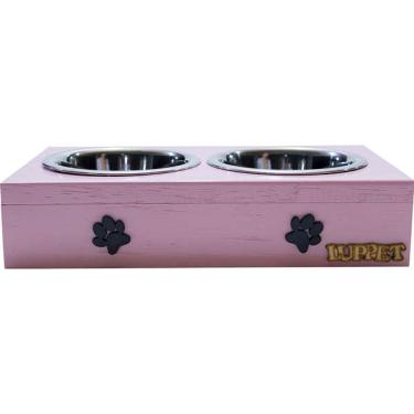 Imagem de Comedouro Duplo Madeira Patinhas Rosa para Cães e Gatos - Tam. Único