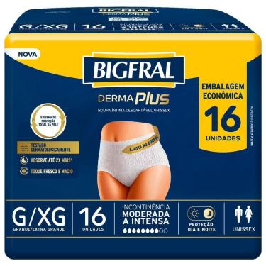 Imagem de Roupa Íntima Bigfral Derma Plus Descartável Unissex Tamanho G/XG com 16 Unidades