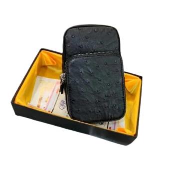 Imagem de Bolsa de pulso autêntica verdadeira verdadeira pele de avestruz masculina mini bolsa de pulso exótica de couro genuíno masculino casual pequena bolsa de telefone com zíper, Preto, 11cm (Length) x