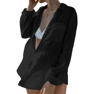 Imagem de FEOYA Camisa feminina de linho de manga comprida com botões e saída de praia, Preto, One Size